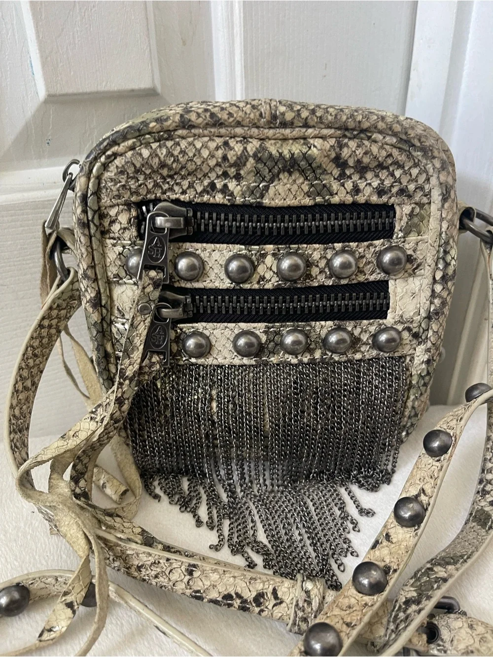 Ash Moxy Python Snakeskin print Leather Studded Crossbody Bag